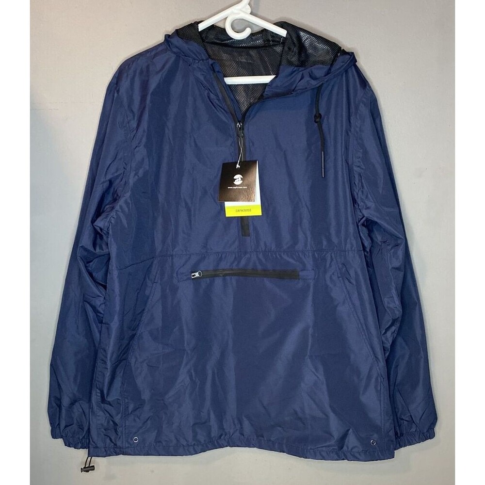 NWT SAPHIROSE Windbreaker Men's Size Large Blue Hooded Pullover Rain Coat Jacket